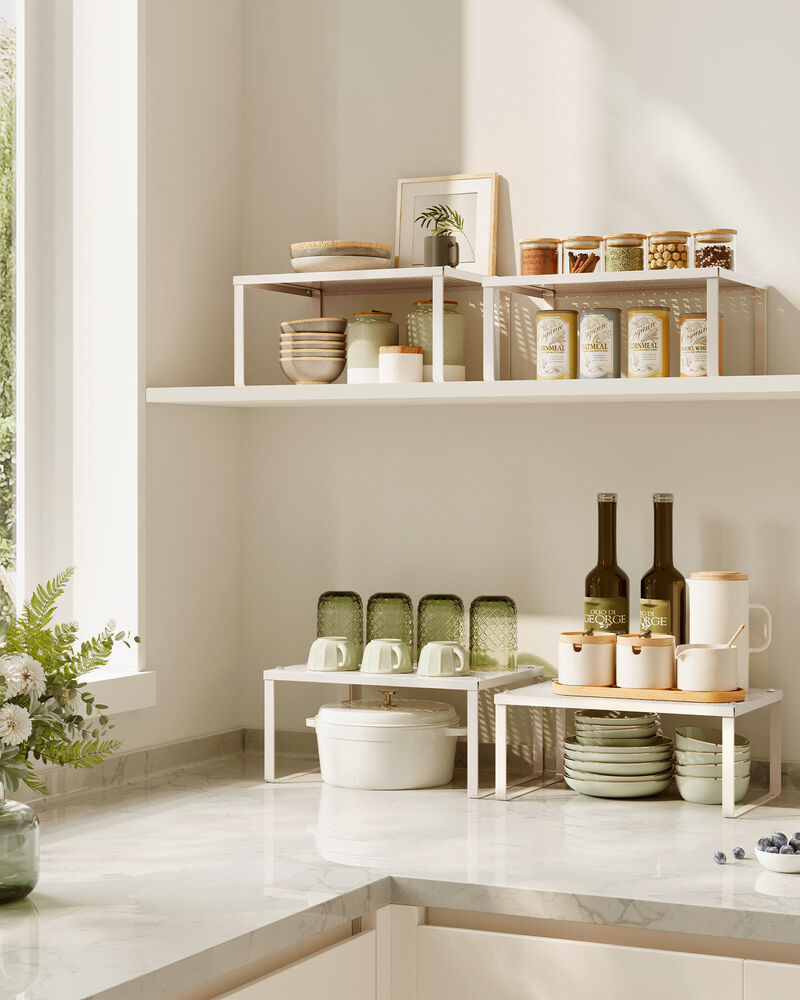 Set of 2 Stackable and Expandable Metal Cabinet Shelf Organizers for Kitchen Counter