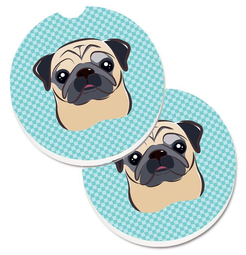 Caroline's Treasures Checkerboard Blue Fawn Pug Set of 2 Cup Holder Car Coasters BB1200CARC, 2.56, Multicolor