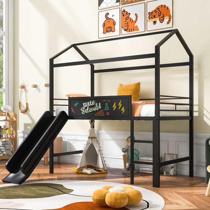 Whisen Metal House Bed With Slide, Twin Size Metal Loft Bed with Two-sided writable Wooden Board&nbsp;- Black and Red