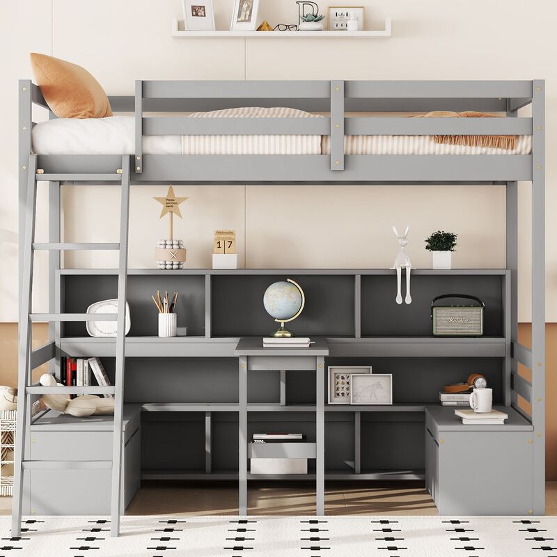 Whisen Twin Loft Bed With Storage Shelves, Drawers, Seat And Desk