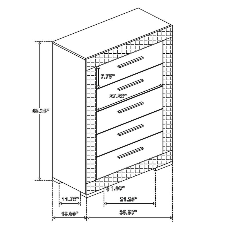 Ivon Tall Dresser Chest, 5 Drawers, Bar Handles, Gray Solid Hardwood - Benzara