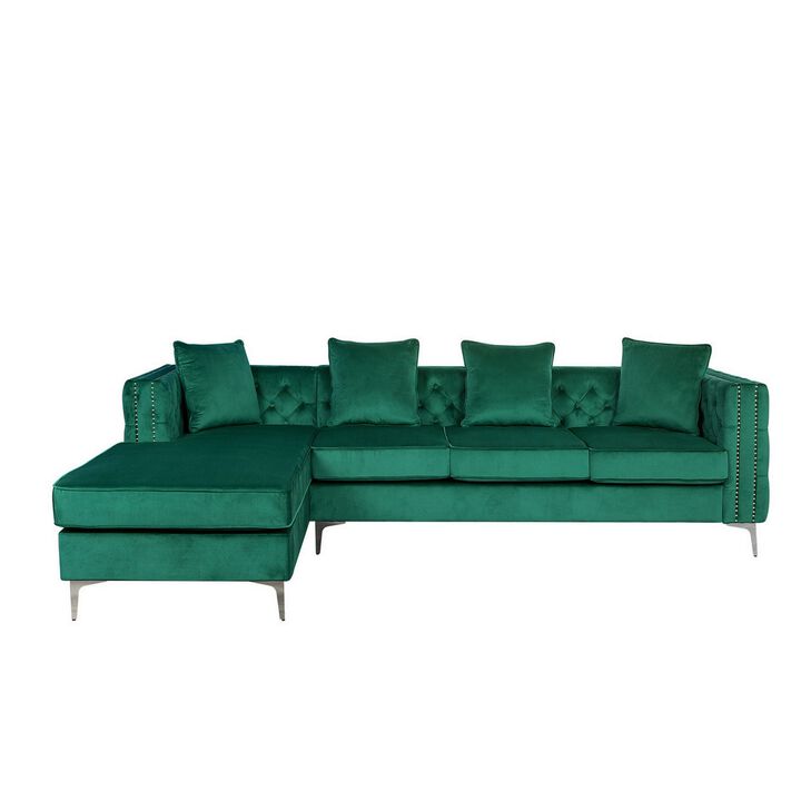 Tommy 68 Inch Chaise Sofa with Nailhead Trim and Tufting, Green Velvet-Benzara