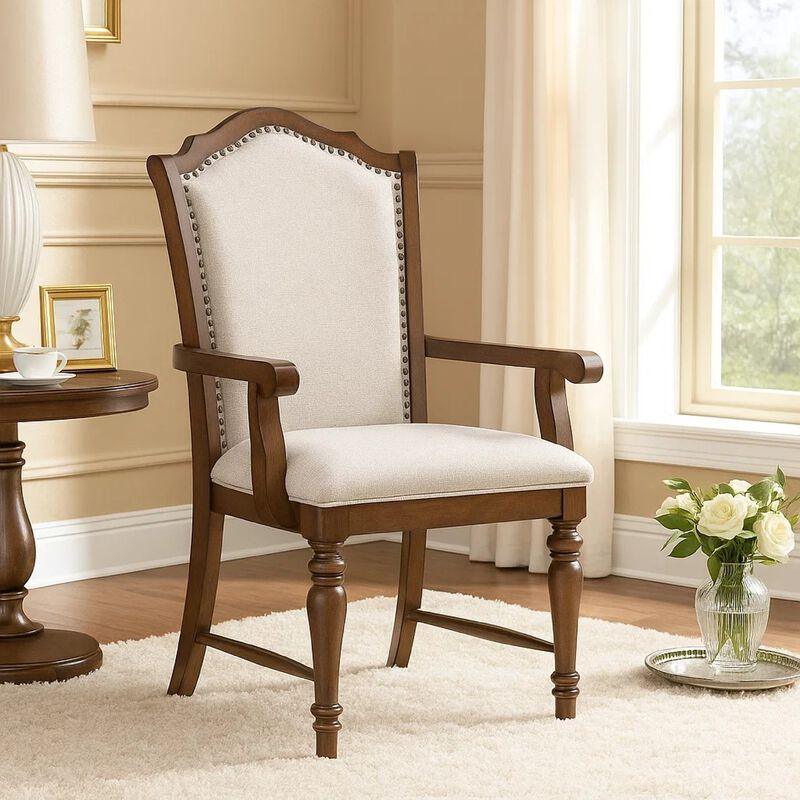 Feva Dining Armchair Set of 2, Scallop Back, Gray Polyester, Cherry Brown image number 6