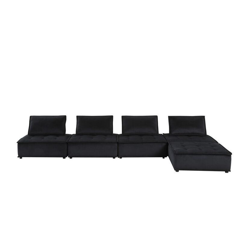 Alaya 120 Inch Tufted 5 Piece Sectional Sofa, Back Cushions, Black Velvet