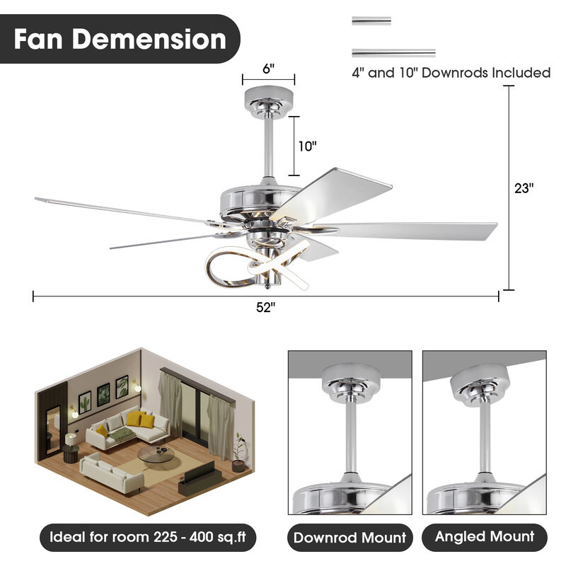 52-Inch Modern Chrome Integrated LED Ceiling Fan with Light and Remote Control