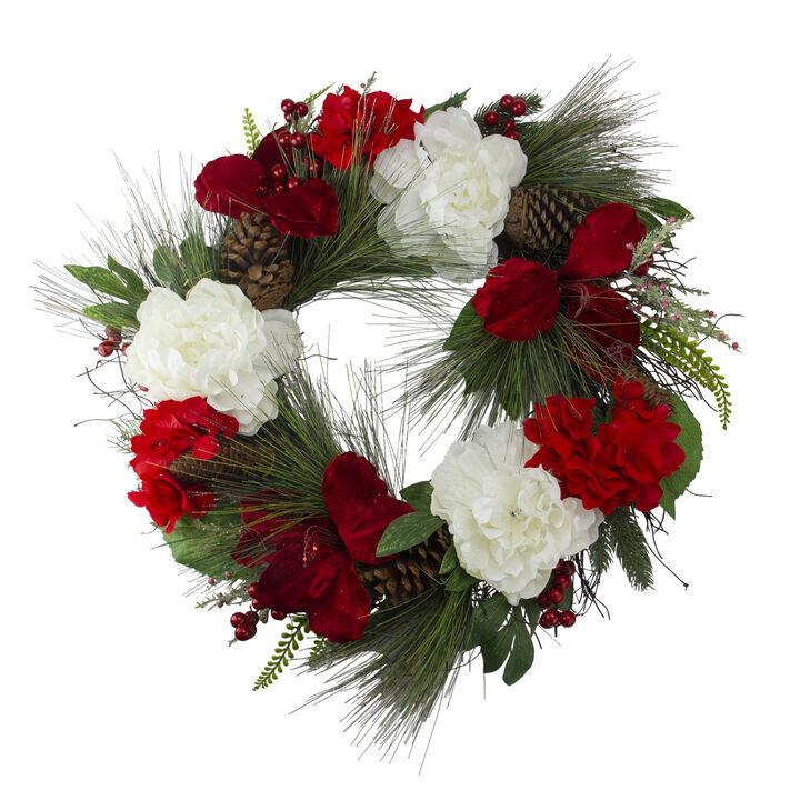 Peony and Amaryllis Twig Artificial Floral Wreath  Red 24-Inch