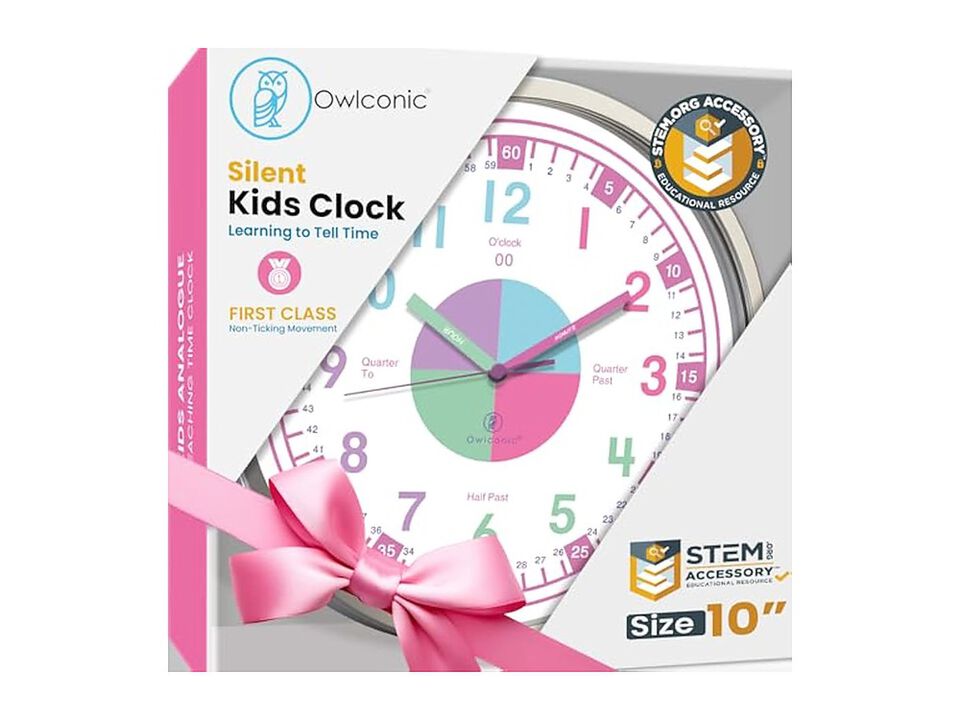 Educational Learning Teaching Homeschool Wall Clock Silent Non Ticking Pink