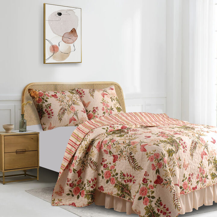 Atlanta Fabric 3 Piece King Size Quilt Set with Butterfly Prints,Multicolor - Benzara