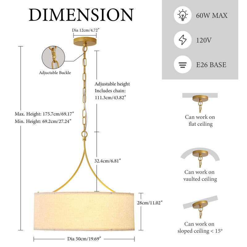 ELEMENT ACE Adjustable Height Drum Pendant Ceiling Light Fixture, Transitional Chandelier for Dining Room Over Table, Kitchen Island, Living Room Entryway image number 2