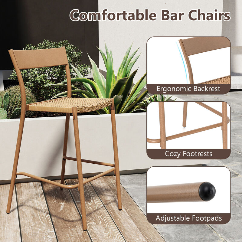2-Piece Patio Bar Stool Set &ndash; Rattan Woven Seat & Steel Back for Garden or Bar Counter