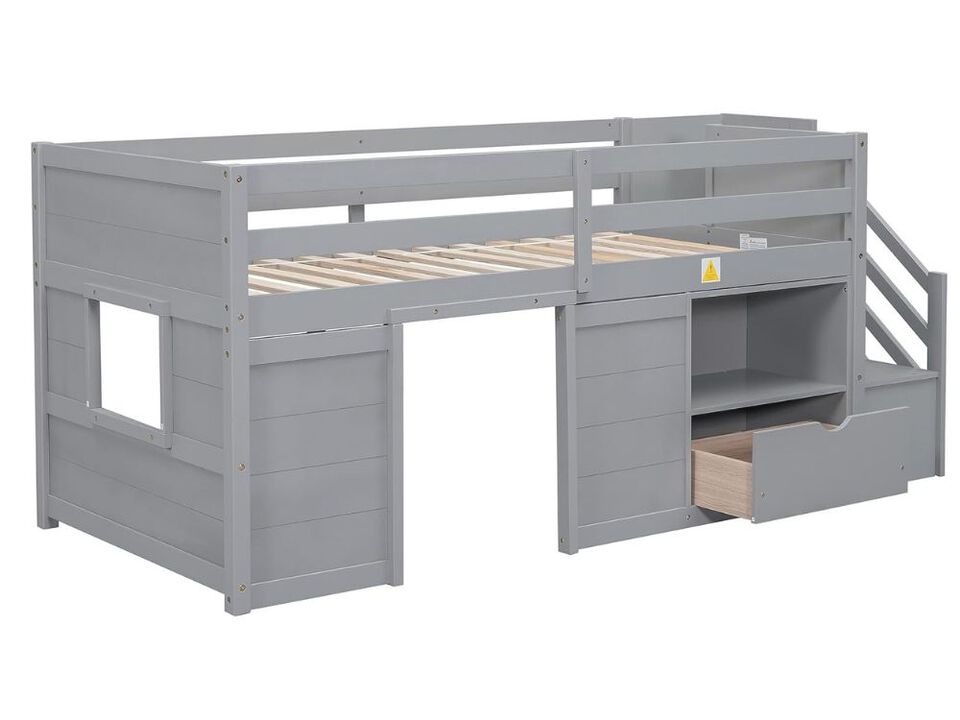 Twin Low Loft Bed &ndash; Gray Wooden Kids Frame with Storage & Farmhouse Design