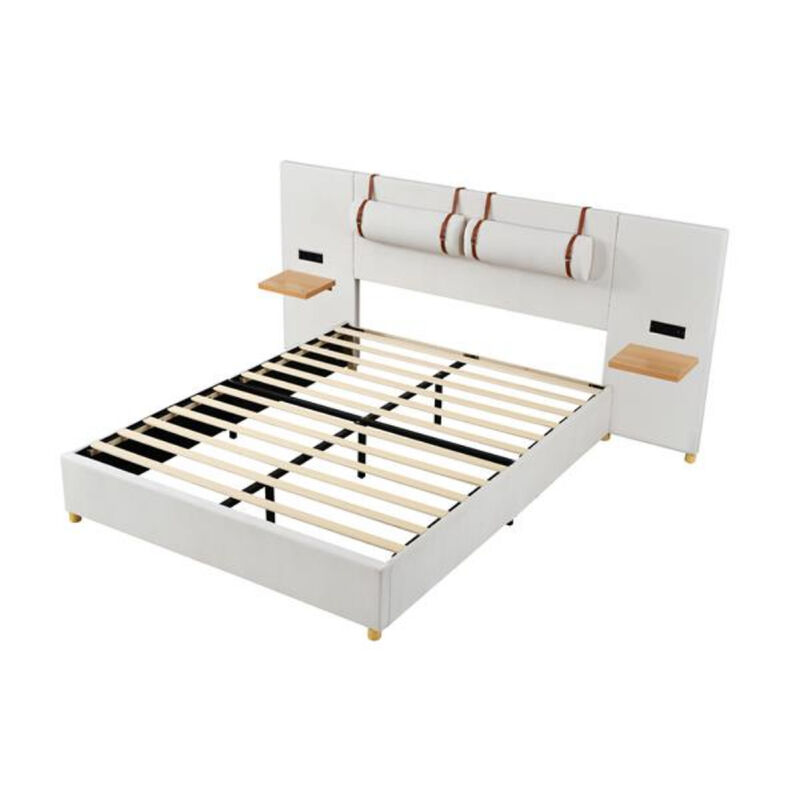 Upholstered Bed Frame with Dual USB Ports Outlets Storage Shelves and Pillows image number 0