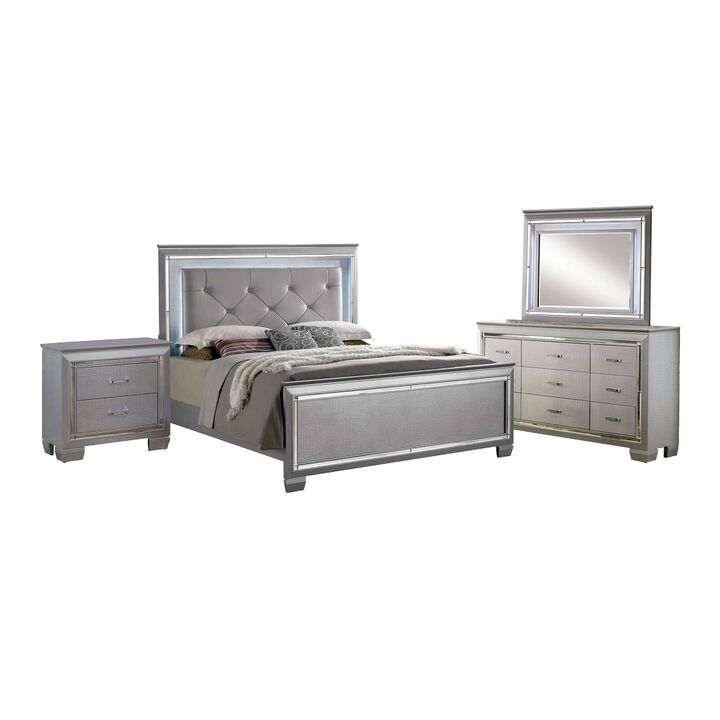 Tily 4 Pc Queen Size Bedroom Set, Crocodile Embossed Panels, LED, Silver