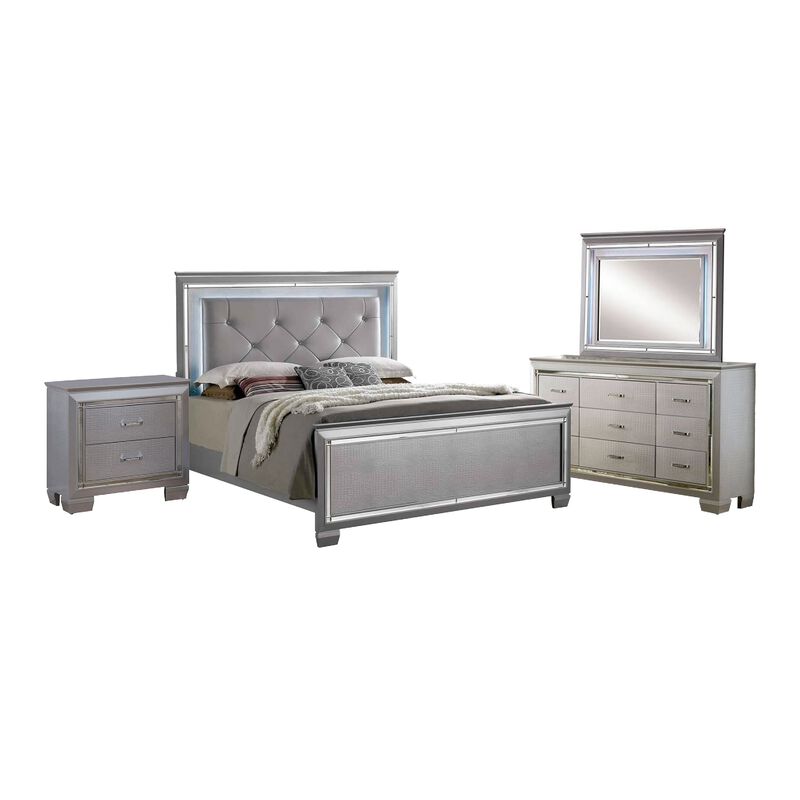 Tily 4 Pc Queen Size Bedroom Set, Crocodile Embossed Panels, LED, Silver image number 0