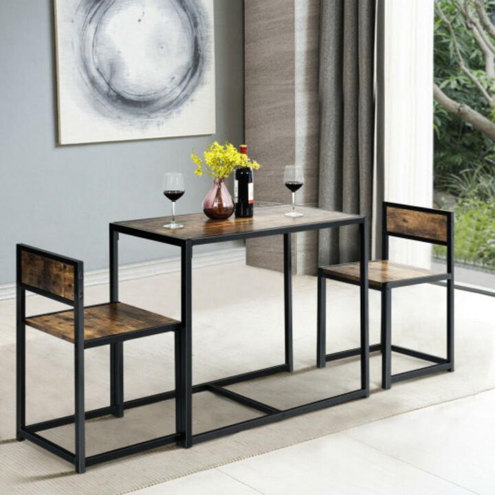 3 Pcs Dining Set Compact Table and 2 Chair with Metal Frame for for Small Space