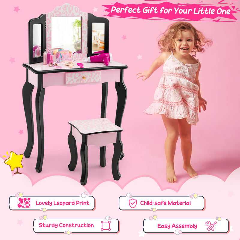 Kid Vanity Set with Tri-Folding Mirror and Leopard Print-Pink