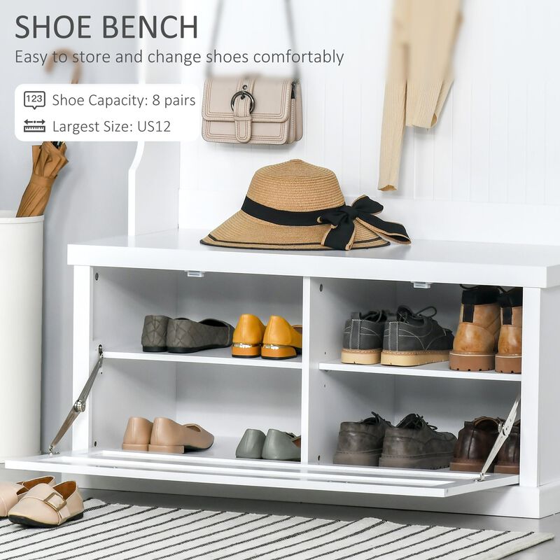 Modern Hall Tree, Coat Rack with Shoe Storage Bench with 4 Double Hooks and 2 Shelves for Hallway, Living Room, White