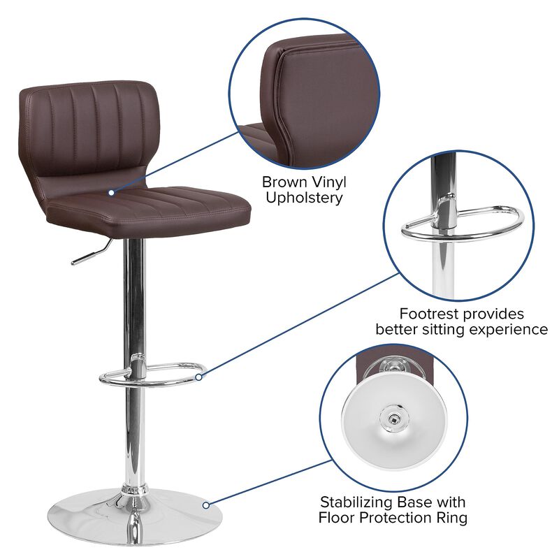 Flash Furniture Contemporary Brown Vinyl Adjustable Height Barstool with Vertical Stitch Back and Chrome Base