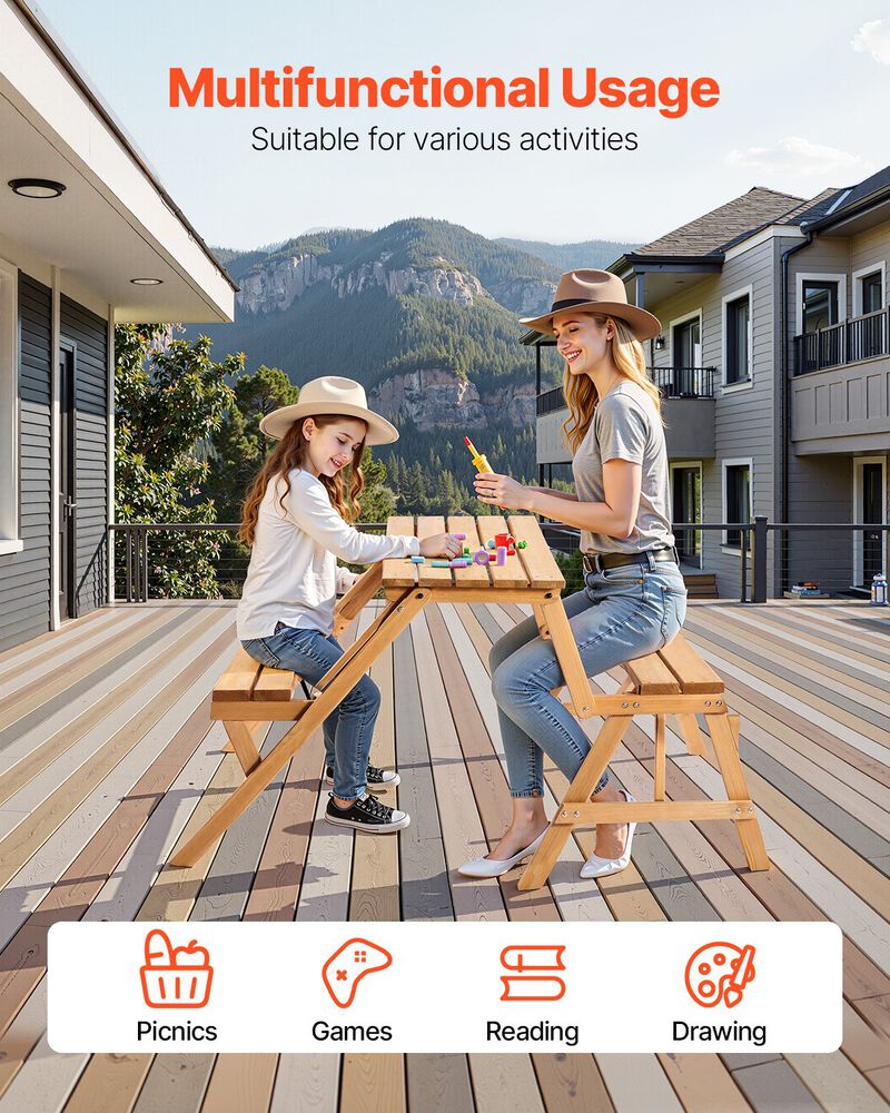 2-in-1 Wooden Picnic Table and Bench Set &ndash; Foldable Outdoor Table with Umbrella Hole