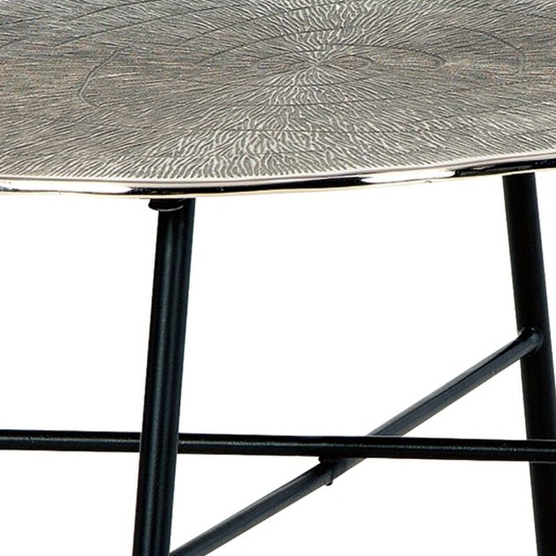 35 Inch Artisan Coffee Table, Abstract Shape Tabletop, Silver, Black-Benzara