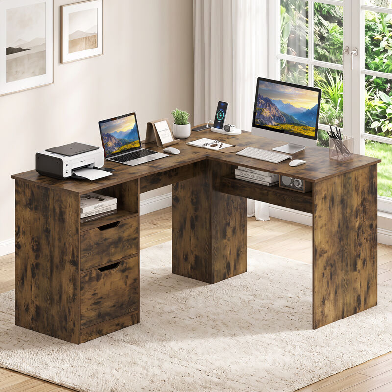 L Shaped Executive Computer Desk with Power Outlets Drawers and Bookshelf image number 1