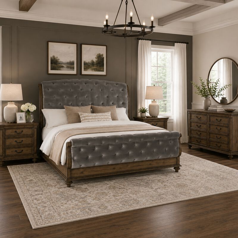 Queen Bedroom Set, Gray, Brown Wood, 4 Piece Set with 2 Nightstands and Dresser image number 1