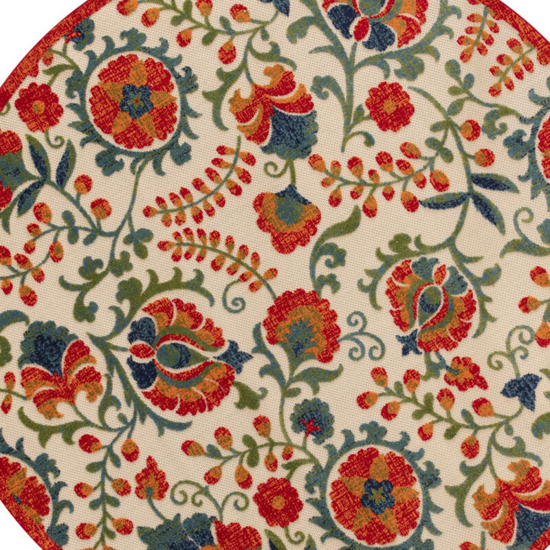 HomeRoots 8' Red Gold Teal Blue And Green Round Floral Indoor Outdoor Area Rug image number 2