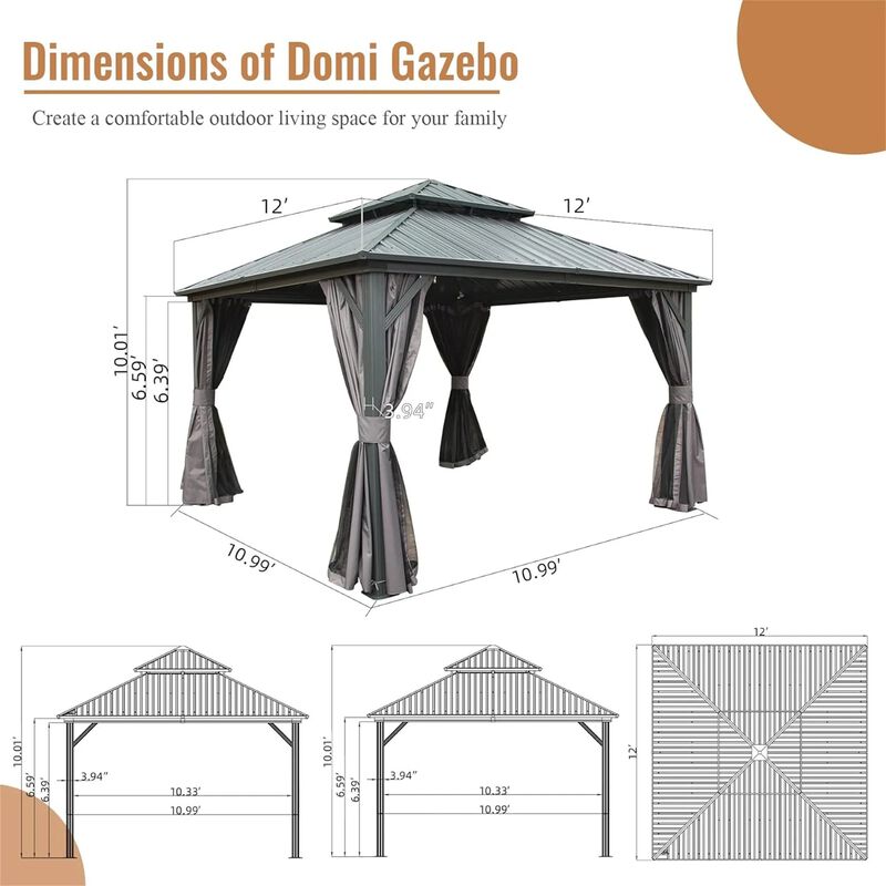 MONDAWE 12 X 12ft Outdoor Gazebo, Hardtop Aluminum Metal Gazebo with Galvanized Steel Double Roof Canopy, Curtain and Netting for Patio, Backyard, Deck, Lawn