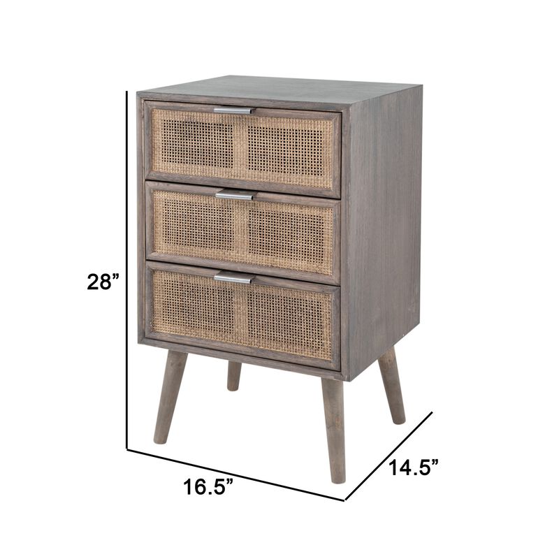 Cae 28 Inch Dresser Chest, 3 Drawers, Pine Wood, Rattan Panels, Dark Gray-Benzara