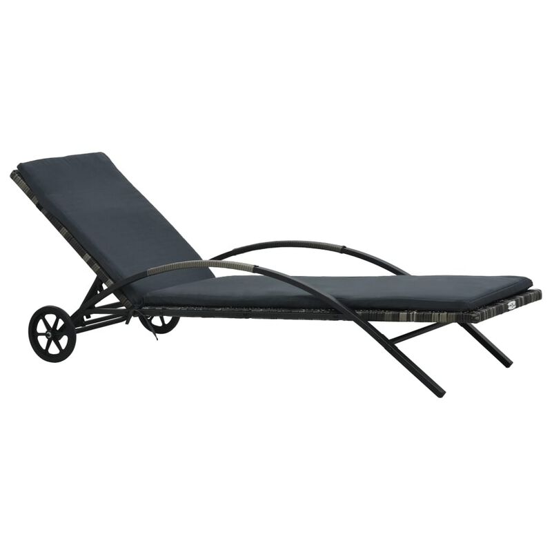 Sun Chaise Lounger with Cushion, 79 Inch, Wheels, Gray Poly Rattan - Benzara