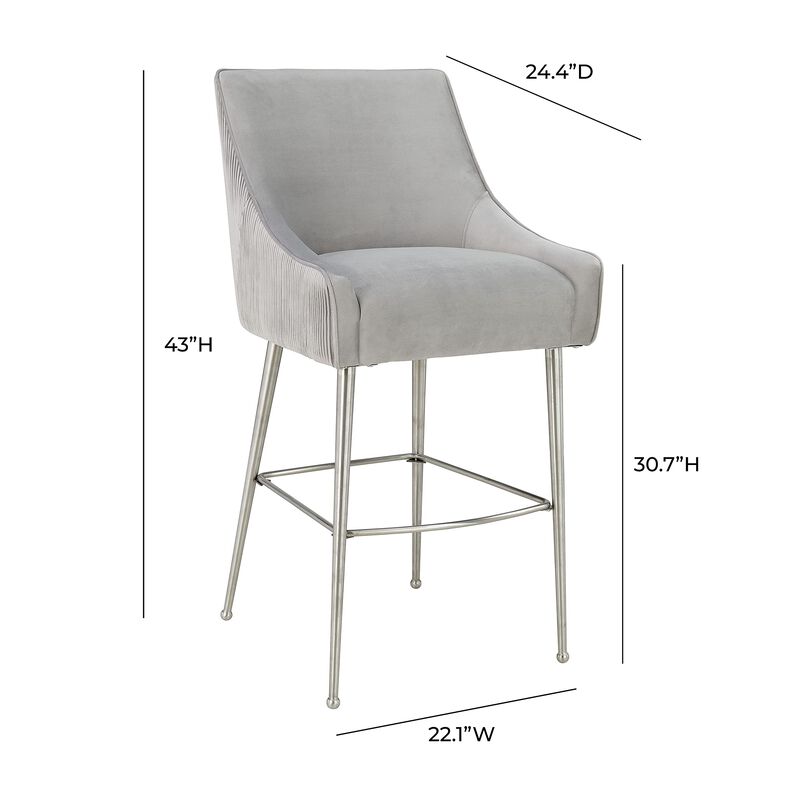 Tov Furniture Beatrix Pleated Velvet Upholstered Bar Stool with Silver Handle and Legs (Light Grey) image number 2