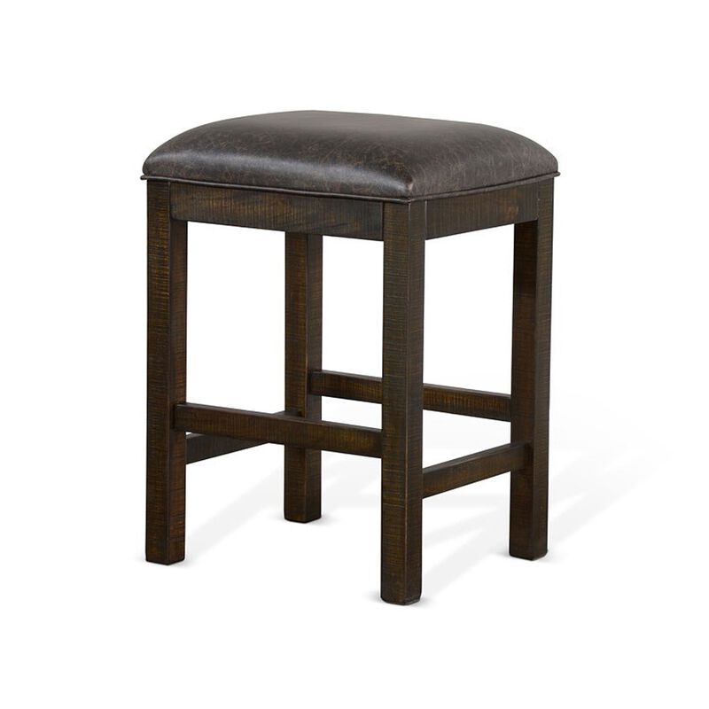 Flint Counter Stool, Faux Leather Seat, 24 Inch High, Dark Brown Wood - Benzara