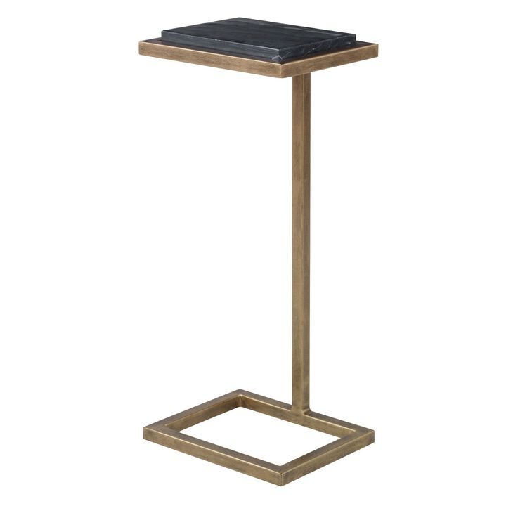 Ario 23 Inch Accent Side Table, Marble Tabletop, Metal Frame, Honed, Gold-Benzara