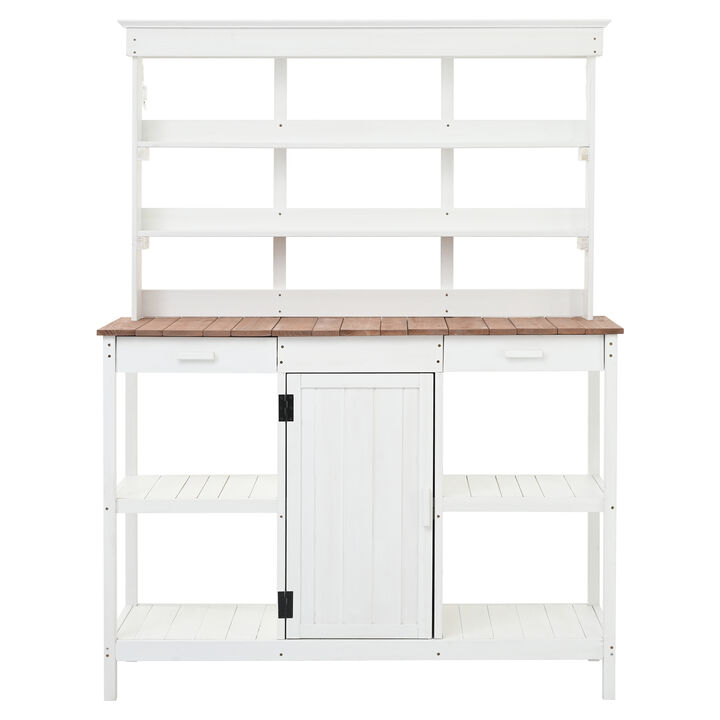 Whisen 66" Solid Fir Wood Potting Table, Farmhouse Garden Workstation with 2 Drawers, Cabinet & Open Shelves
