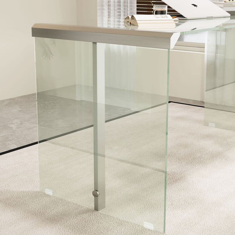 Tempered Clear Glass Writing Desk with Metal Frame for Living Room & Bedroom 71.2" image number 6