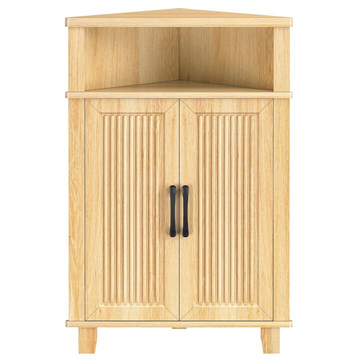 Wooden Fluted Corner Storage Cabinet with Door, Compact Space Saving Design-Beige