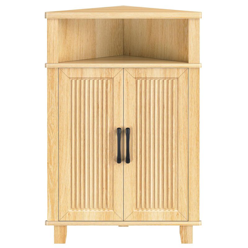 Wooden Fluted Corner Storage Cabinet with Door, Compact Space Saving Design-Beige image number 0