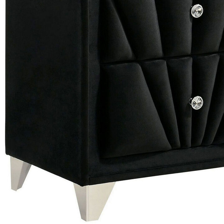 Ino 28 Inch Modern Nightstand, Velvet Upholstery, Art Deco Style, Black-Benzara