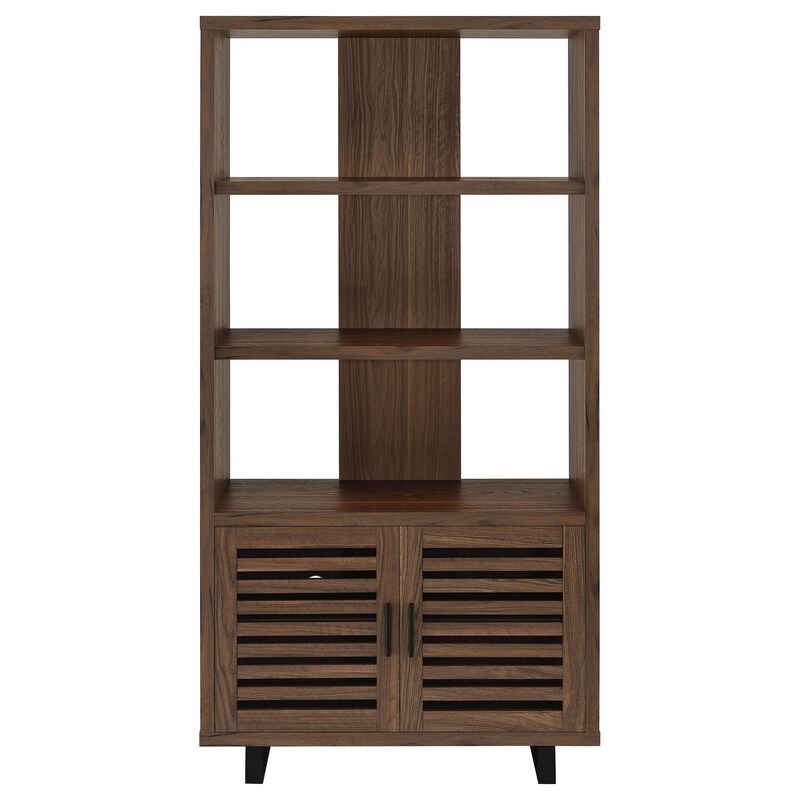 Doxx Bookcase, Slatted Cabinet, Black Open Frame Legs, Walnut Brown - Benzara