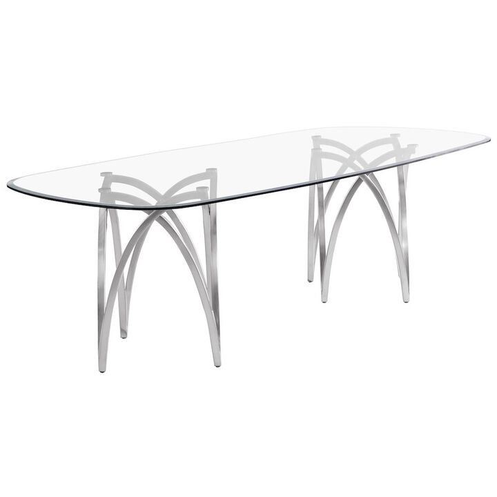 Best Quality Furniture Large Clear Tempered Glass Dining Table Brushed Silver Matte Chrome-Plated Base