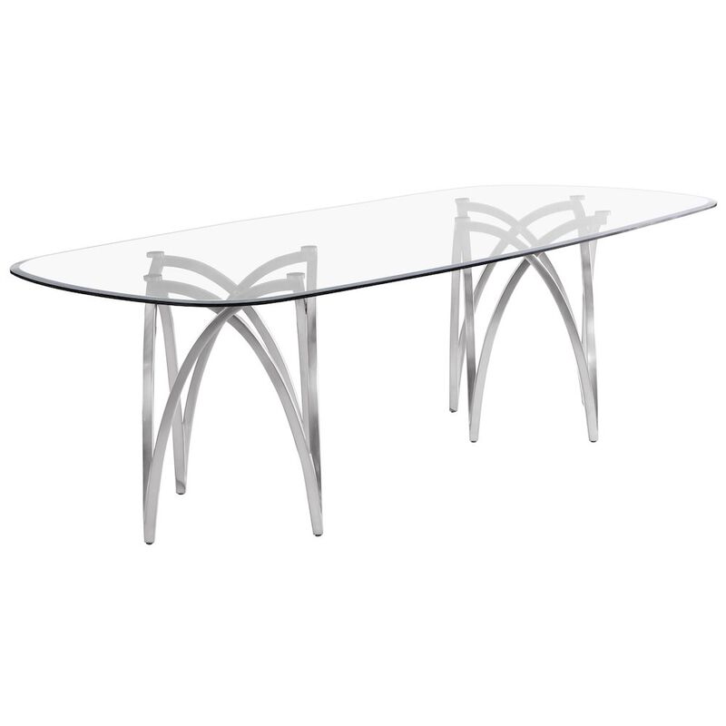 Best Quality Furniture Large Clear Tempered Glass Dining Table Brushed Silver Matte Chrome-Plated Base