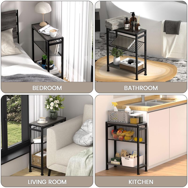 Small End Table for Small Space, 3-Tier Narrow Side Table with Magazine Holder,Small Nightstand, Skinny Snack Couch Table in Liv