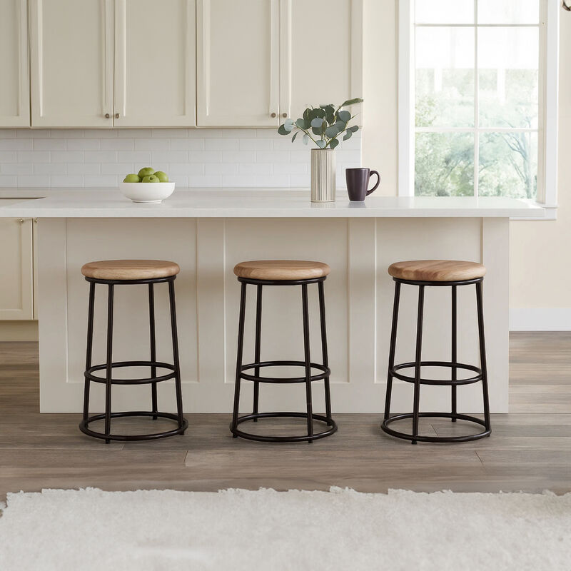 24 Inch Mango Wood Counter Height Barstool With Iron Base, Brown And Black