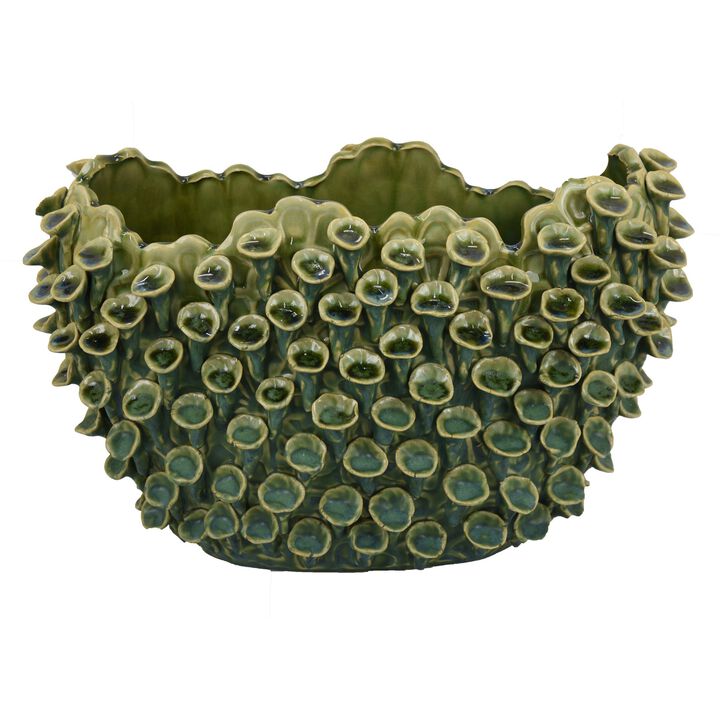 Nina Decorative Bowl, Textured Green Ceramic, Abstract Coral 14 Inch - Benzara