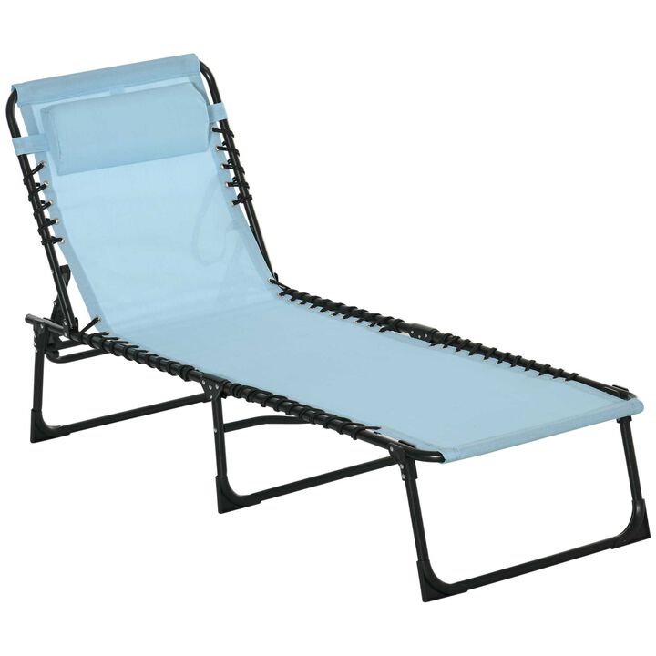 Outsunny Folding Chaise Lounge Pool Chair, Patio Sun Tanning Chair, Outdoor Lounge Chair w/ 4-Position Reclining Back, Pillow, Breathable Mesh & Bungee Seat for Beach, Yard, Patio, Baby Blue