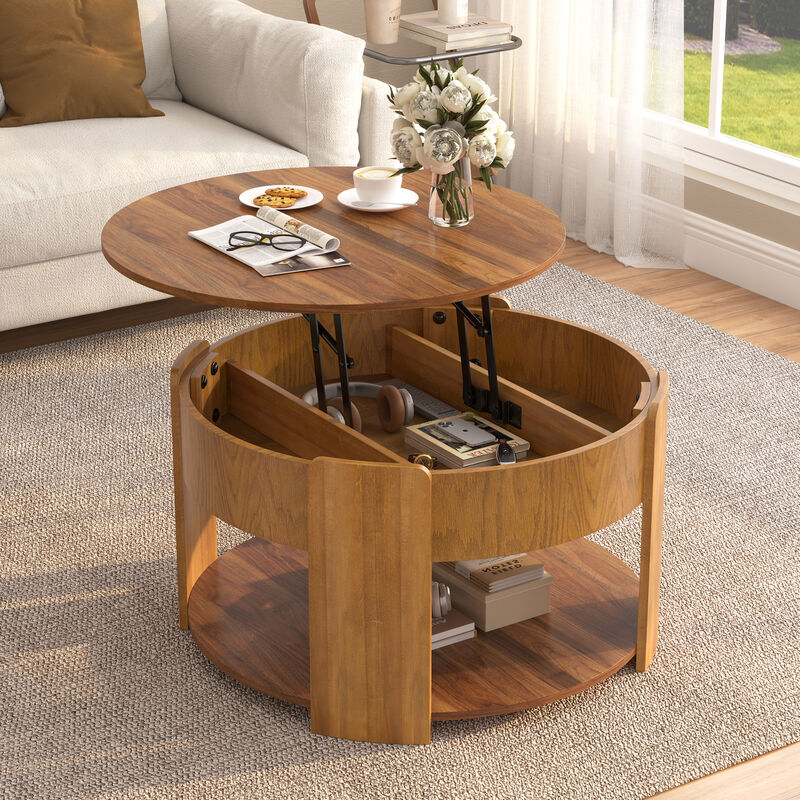 Merax Round Lift-Top Coffee Table with Hidden Storage & Bottom Shelf &ndash; Wood Grain Finish image number 2