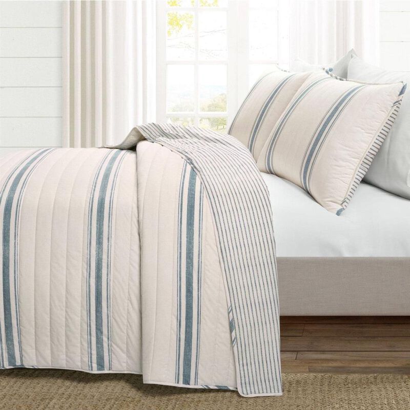 Hivvago Blue Off-White Cream Stripe 3 Piece Reversible Cotton Quilt Set