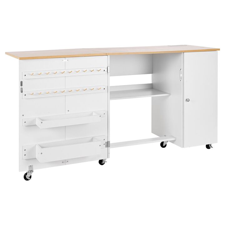 Folding Sewing Table with Storage Cabinet, Charging Station and Rolling Wheels