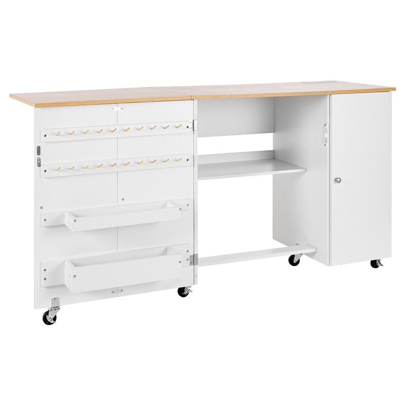 Folding Sewing Table with Storage Cabinet, Charging Station and Rolling Wheels image number 0