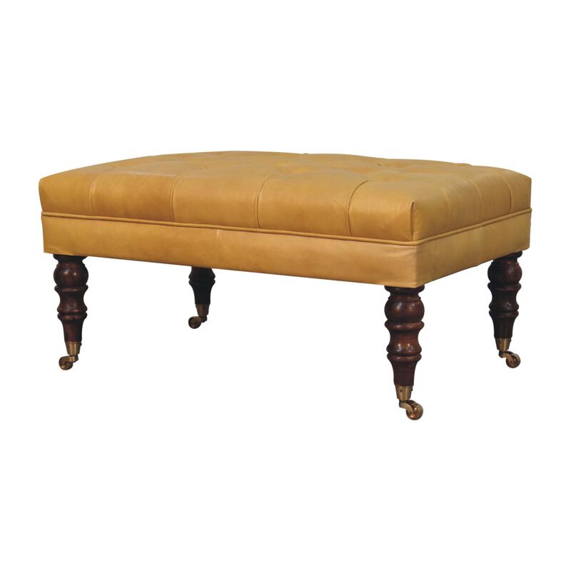 Artisan Furniture Solid Wood Honey Caramel Buffalo Ash Black Leather Ottoman with Castor Legs